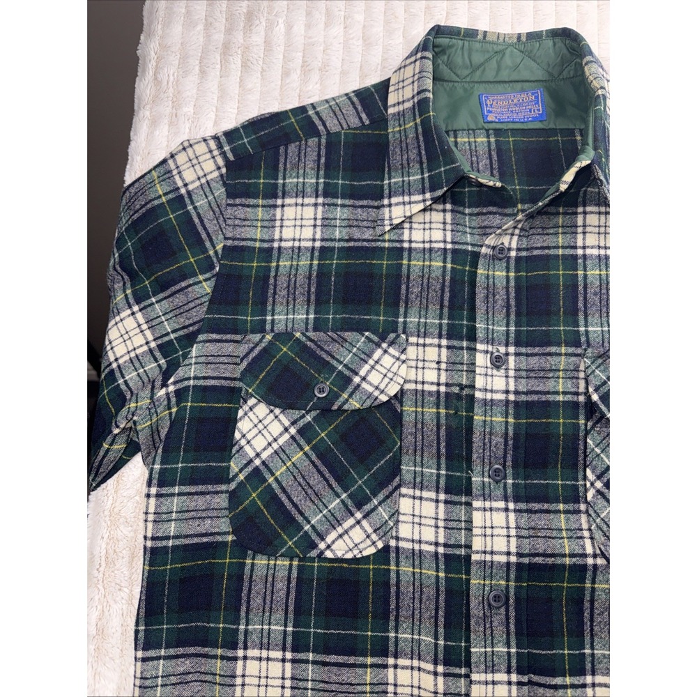 Pendleton VTG 100% Wool Board Shirt Long Sleeve Blue Green Large L Plaid Western - Picture 11 of 16